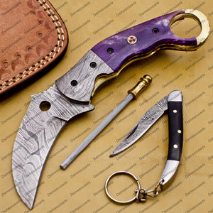 Personalized Damascus Folding Pocket knife Karambit Knife Hunting knife Handle Wood With Free Damascus Keychain