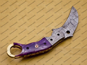 Personalized Damascus Folding Pocket knife Karambit Knife Hunting knife Handle Wood With Free Damascus Keychain