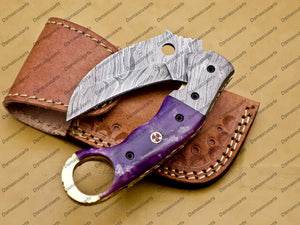 Personalized Damascus Folding Pocket knife Karambit Knife Hunting knife Handle Wood With Free Damascus Keychain