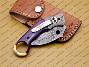 Personalized Damascus Folding Pocket knife Karambit Knife Hunting knife Handle Wood With Free Damascus Keychain