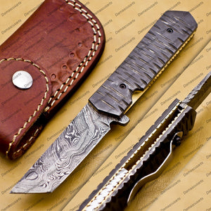 Custom Damascus Steel Folding Pocket Knife with Free Damascus Keychain Handle Damascus with Leather Sheeth