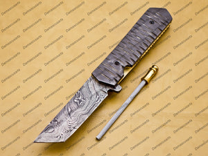 Custom Damascus Steel Folding Pocket Knife with Free Damascus Keychain Handle Damascus with Leather Sheeth