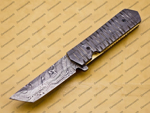 Custom Damascus Steel Folding Pocket Knife with Free Damascus Keychain Handle Damascus with Leather Sheeth