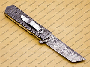 Custom Damascus Steel Folding Pocket Knife with Free Damascus Keychain Handle Damascus with Leather Sheeth