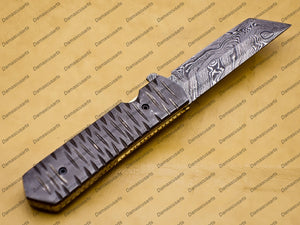 Custom Damascus Steel Folding Pocket Knife with Free Damascus Keychain Handle Damascus with Leather Sheeth