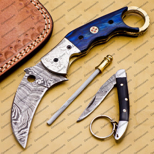 Personalized Damascus Folding Pocket Knife Karambit Red Color Knife Hunting Knife Handle Wood with Free Damascus Keychain Knife