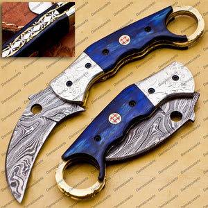 Personalized Damascus Folding Pocket Knife Karambit Red Color Knife Hunting Knife Handle Wood with Free Damascus Keychain Knife