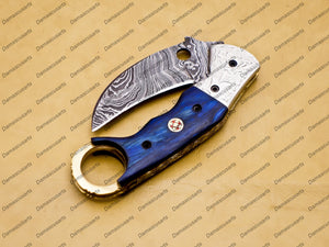 Personalized Damascus Folding Pocket Knife Karambit Red Color Knife Hunting Knife Handle Wood with Free Damascus Keychain Knife