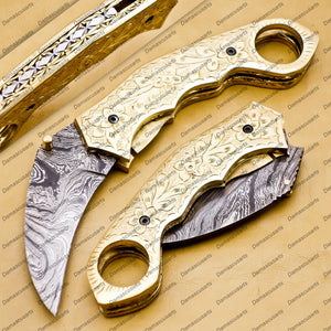 Personalized Damascus Folding Pocket knife Karambit Knife Hunting knife Handle Brass With Free Damascus Keychain knife