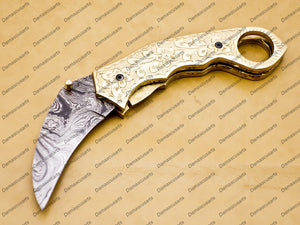 Personalized Damascus Folding Pocket knife Karambit Knife Hunting knife Handle Brass With Free Damascus Keychain knife