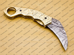 Personalized Damascus Folding Pocket knife Karambit Knife Hunting knife Handle Brass With Free Damascus Keychain knife