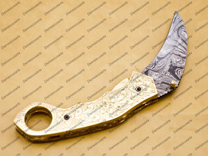 Personalized Damascus Folding Pocket knife Karambit Knife Hunting knife Handle Brass With Free Damascus Keychain knife