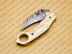 Personalized Damascus Folding Pocket knife Karambit Knife Hunting knife Handle Brass With Free Damascus Keychain knife