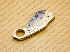 Personalized Damascus Folding Pocket knife Karambit Knife Hunting knife Handle Brass With Free Damascus Keychain knife