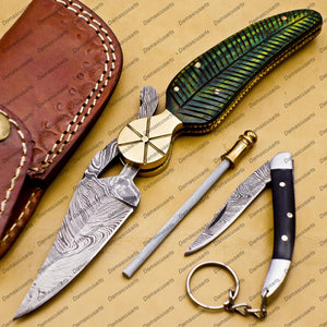 Personalized Custom Damascus Steel Folding Pocket Knife with Handle Olive Wood with Leather Sheeth With Keychain