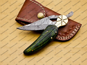 Personalized Custom Damascus Steel Folding Pocket Knife with Handle Olive Wood with Leather Sheeth With Keychain