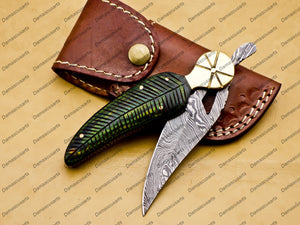 Personalized Custom Damascus Steel Folding Pocket Knife with Handle Olive Wood with Leather Sheeth With Keychain