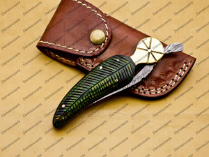 Personalized Custom Damascus Steel Folding Pocket Knife with Handle Olive Wood with Leather Sheeth With Keychain