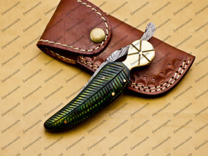 Personalized Custom Damascus Steel Folding Pocket Knife with Handle Olive Wood with Leather Sheeth With Keychain