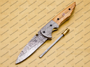 Custom Damascus Steel Folding Pocket Knife with Free Damascus Keychin Knife Handle Kowa Wood with Leather Sheeth