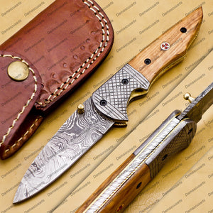 Custom Damascus Steel Folding Pocket Knife with Free Damascus Keychin Knife Handle Kowa Wood with Leather Sheeth