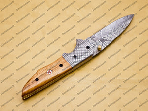 Custom Damascus Steel Folding Pocket Knife with Free Damascus Keychin Knife Handle Kowa Wood with Leather Sheeth