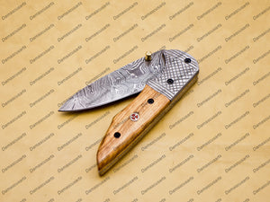 Custom Damascus Steel Folding Pocket Knife with Free Damascus Keychin Knife Handle Kowa Wood with Leather Sheeth