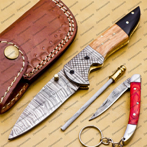 Personalized Custom Damascus Steel Folding Pocket Knife With Free Damascus Keychain Handle Kowa Wood with Leather Sheeth