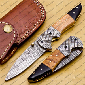 Personalized Custom Damascus Steel Folding Pocket Knife With Free Damascus Keychain Handle Kowa Wood with Leather Sheeth