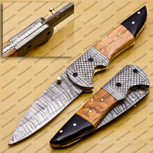 Personalized Custom Damascus Steel Folding Pocket Knife With Free Damascus Keychain Handle Kowa Wood with Leather Sheeth