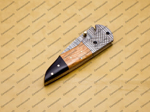 Personalized Custom Damascus Steel Folding Pocket Knife With Free Damascus Keychain Handle Kowa Wood with Leather Sheeth