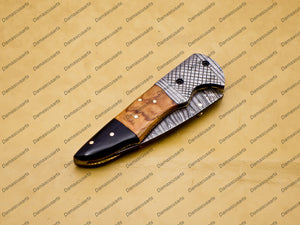 Personalized Custom Damascus Steel Folding Pocket Knife With Free Damascus Keychain Handle Kowa Wood with Leather Sheeth