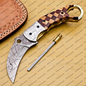 Damascus Folding Pocket knife Karambit Knife Hunting knife with Free Damascus Keychain Knife Handle Wood with Leather Sheeth