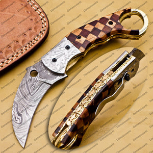 Damascus Folding Pocket knife Karambit Knife Hunting knife with Free Damascus Keychain Knife Handle Wood with Leather Sheeth