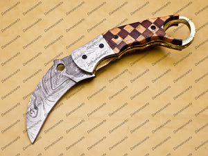 Damascus Folding Pocket knife Karambit Knife Hunting knife with Free Damascus Keychain Knife Handle Wood with Leather Sheeth