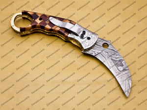 Damascus Folding Pocket knife Karambit Knife Hunting knife with Free Damascus Keychain Knife Handle Wood with Leather Sheeth