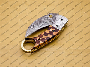 Damascus Folding Pocket knife Karambit Knife Hunting knife with Free Damascus Keychain Knife Handle Wood with Leather Sheeth