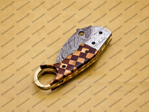 Damascus Folding Pocket knife Karambit Knife Hunting knife with Free Damascus Keychain Knife Handle Wood with Leather Sheeth