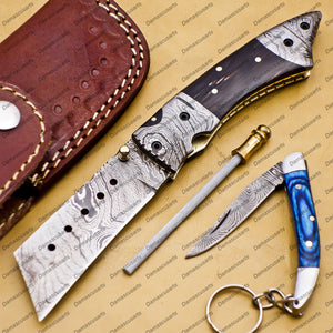 Custom Damascus Steel Folding Tanto Pocket Knife with Free Damascus Keychain Handle Bull Horn with Leather Sheath