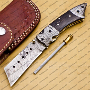 Custom Damascus Steel Folding Tanto Pocket Knife with Free Damascus Keychain Handle Bull Horn with Leather Sheath