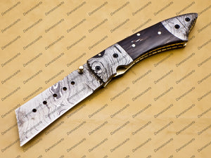 Custom Damascus Steel Folding Tanto Pocket Knife with Free Damascus Keychain Handle Bull Horn with Leather Sheath