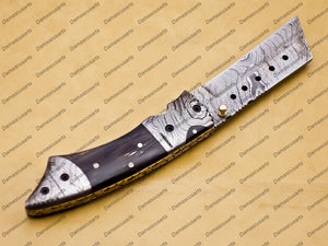 Custom Damascus Steel Folding Tanto Pocket Knife with Free Damascus Keychain Handle Bull Horn with Leather Sheath