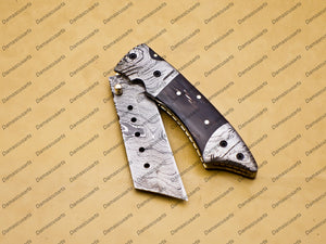 Custom Damascus Steel Folding Tanto Pocket Knife with Free Damascus Keychain Handle Bull Horn with Leather Sheath