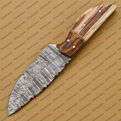 Personalized Custom Hand-Made Forged Hunter Knife Damascus Steel Bowie Knife Handle Tali Wood With Leather Sheath