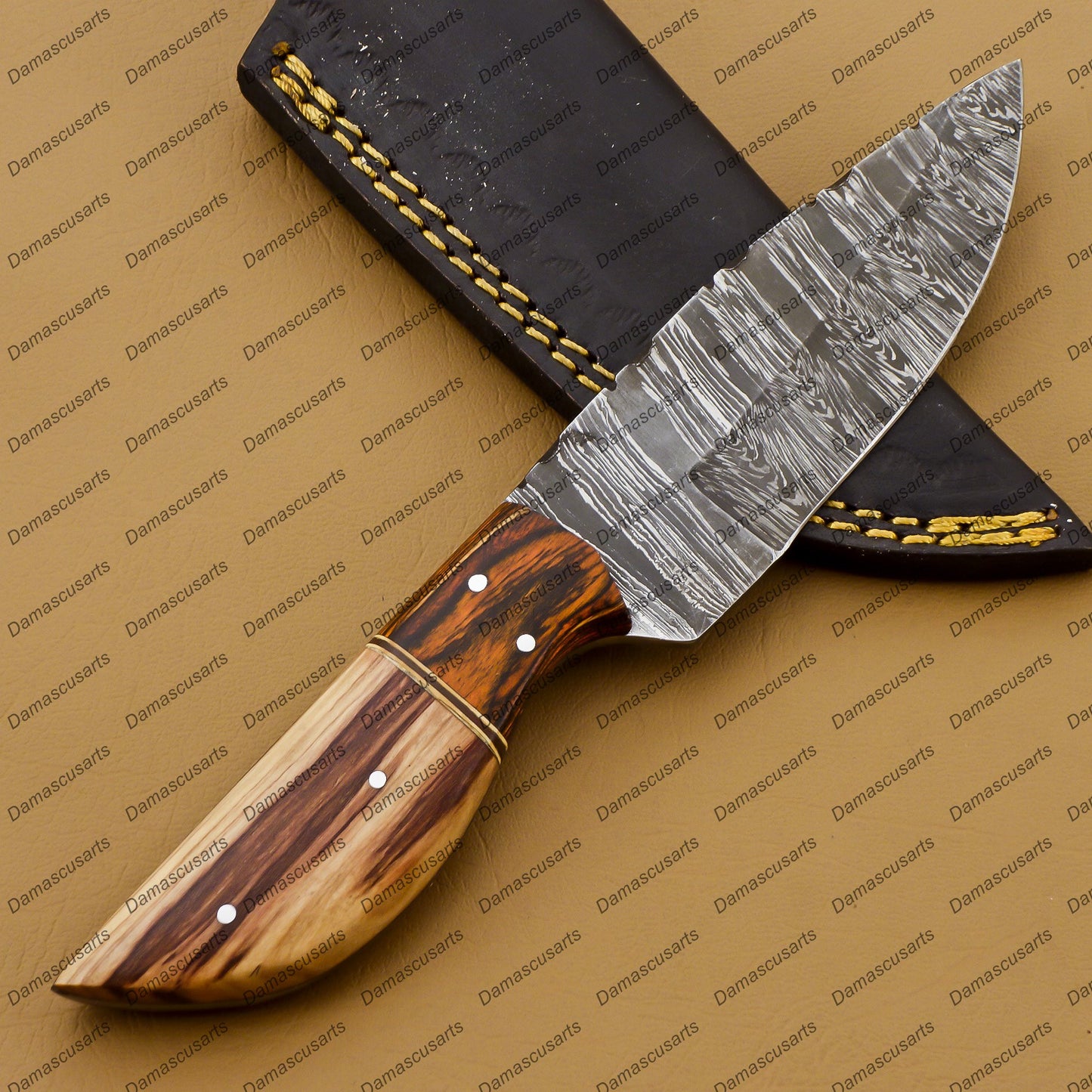 Personalized Custom Hand-Made Forged Hunter Knife Damascus Steel Bowie Knife Handle Tali Wood With Leather Sheath