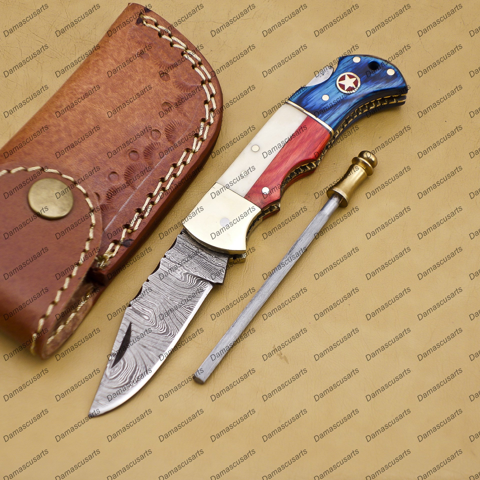 Personalized Custom Damascus Steel Folding Pocket Knife with Handle Kowa Wood with Leather Sheeth