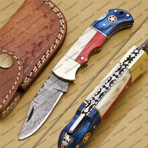 Personalized Custom Damascus Steel Folding Pocket Knife with Handle Kowa Wood with Leather Sheeth