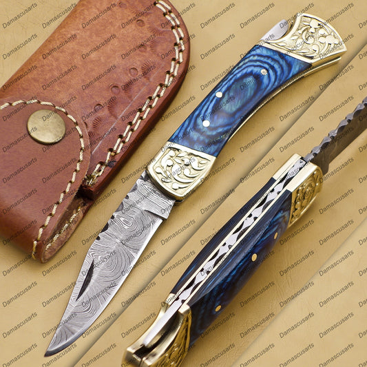 Personalized Custom Damascus Steel Folding Pocket Knife with Handle Olive Wood With Free Damascus Keychain knife