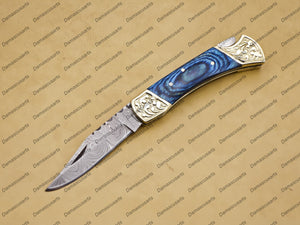 Personalized Custom Damascus Steel Folding Pocket Knife with Handle Olive Wood With Free Damascus Keychain knife