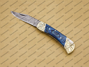 Personalized Custom Damascus Steel Folding Pocket Knife with Handle Olive Wood With Free Damascus Keychain knife